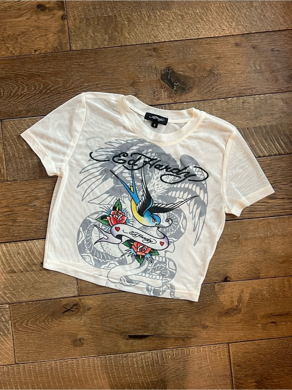 Ed Hardy White Sheer Tee with Black Script and Tattoo Inspired Design